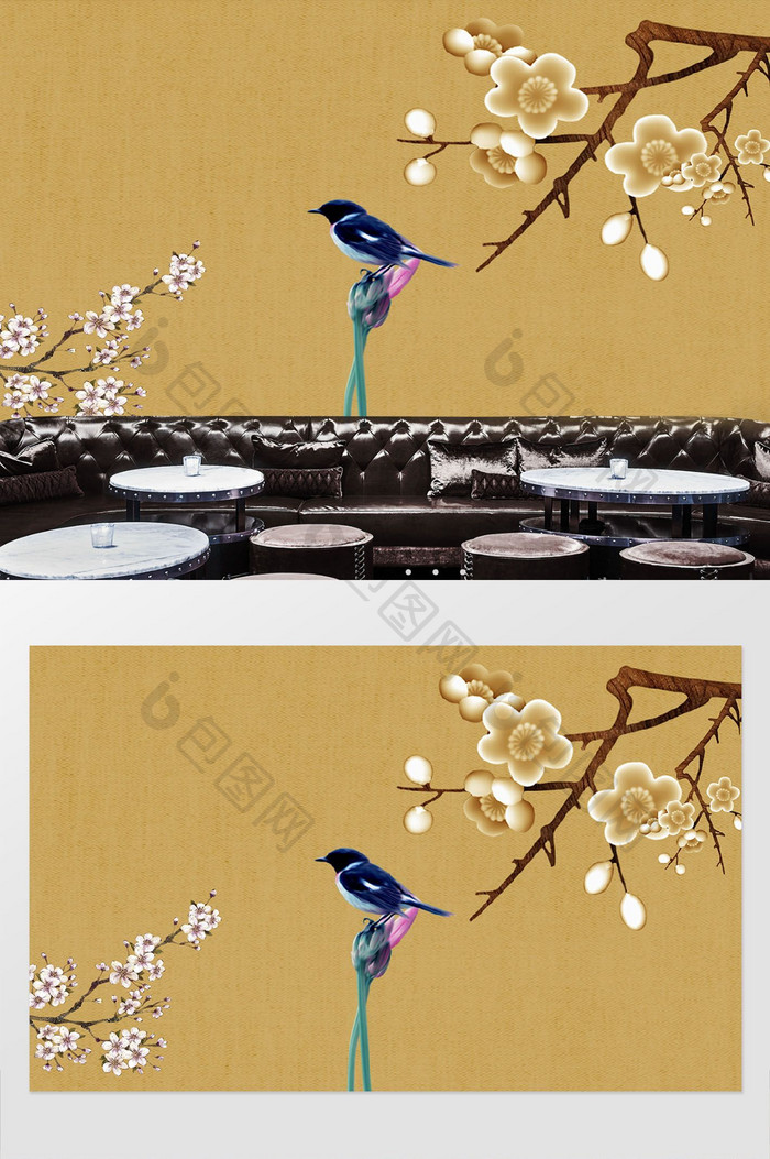 新中式古典工笔花鸟花枝鸟笼背景墙