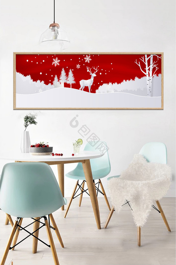 欧简新年红色麋鹿圣诞雪花横式装饰画图片