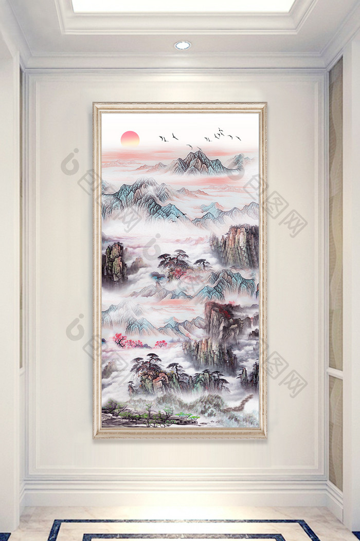 中式山水风景国画旭日东升玄关装饰画