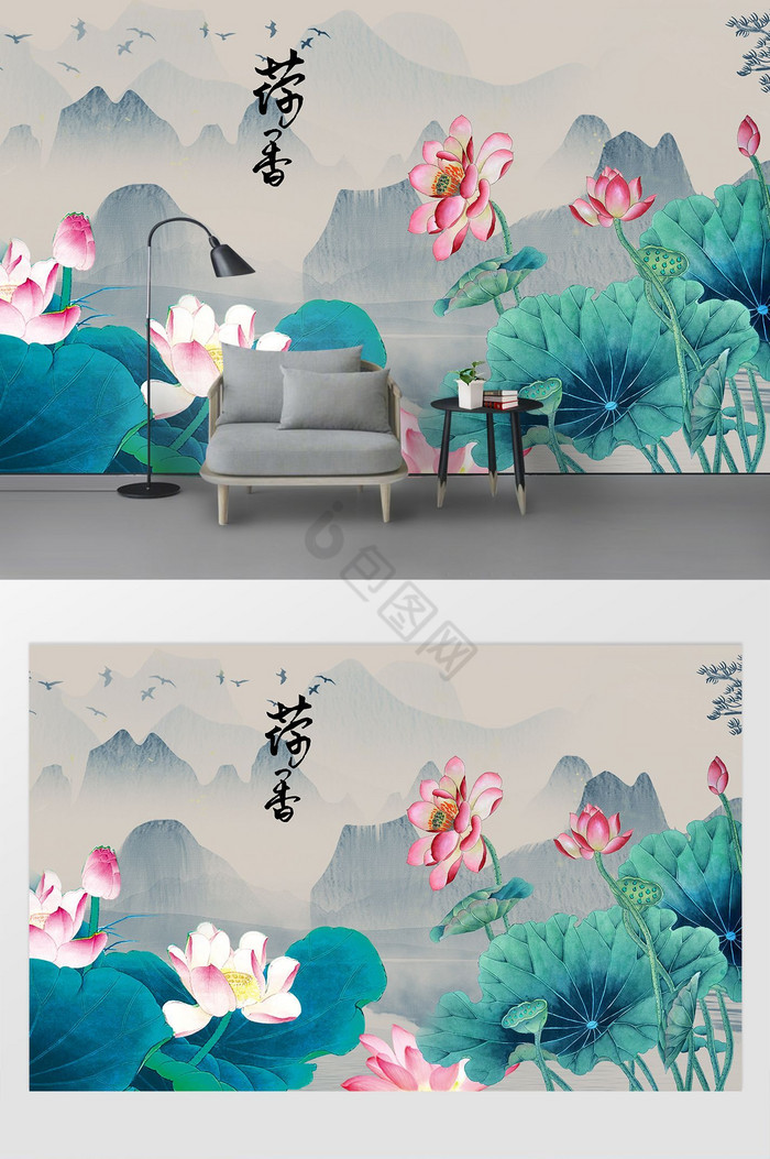 新中式水墨荷花背景墙图片
