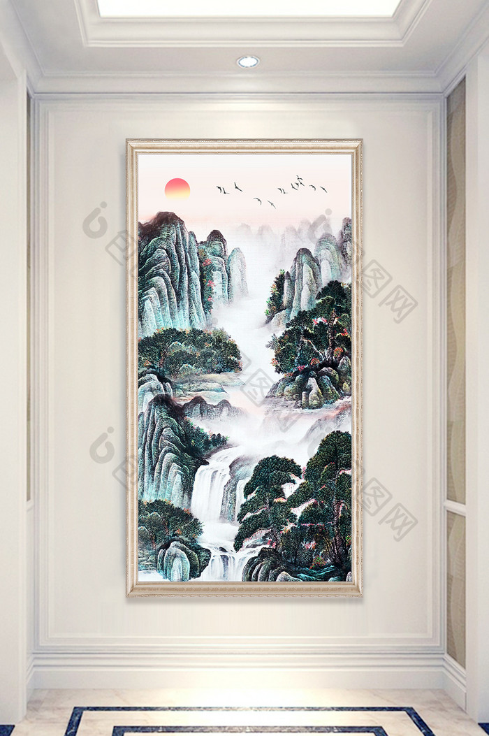 新中式山水风景国画旭日玄关装饰画