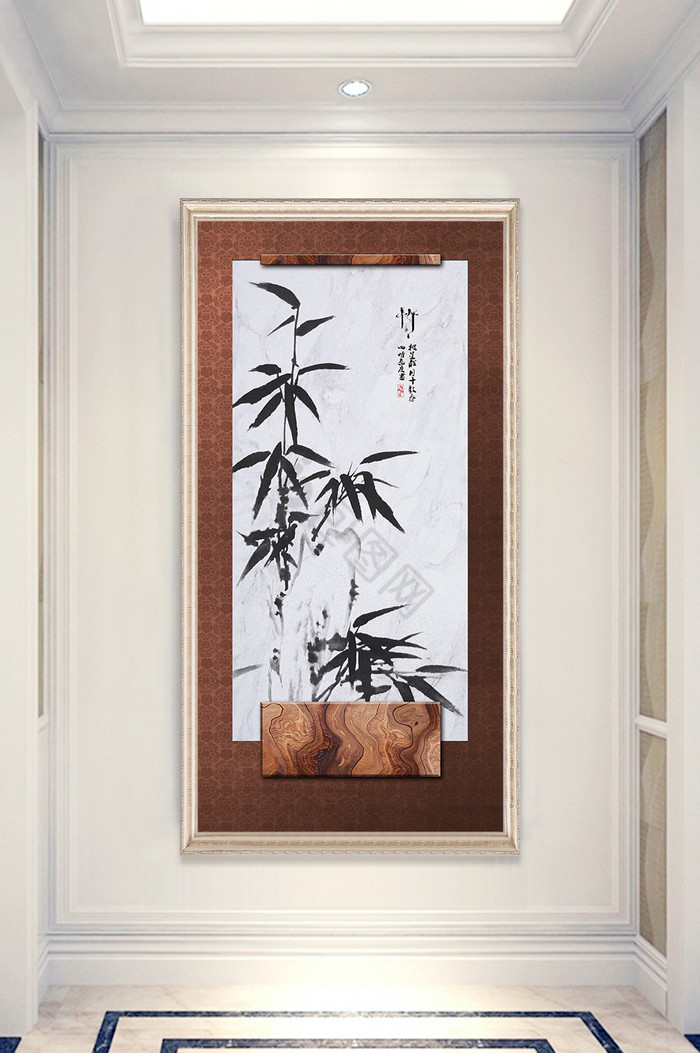 中式仿手绘竹子黑白大理石玄关装饰画图片