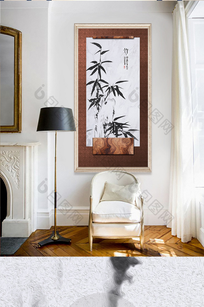 中式仿手绘竹子黑白大理石玄关装饰画