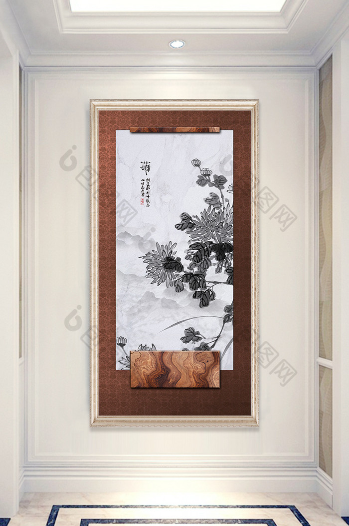 中式仿手绘菊花黑白大理石玄关装饰画图片图片