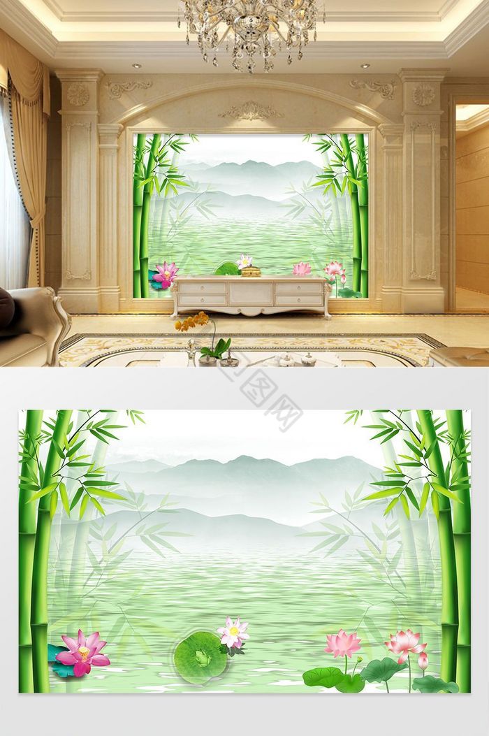 新中式绿色竹林荷花背景墙图片