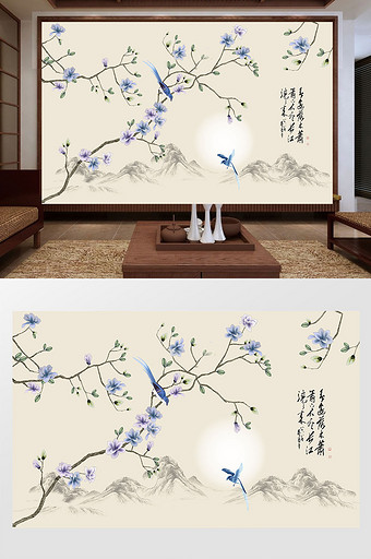 新中式手绘花鸟电视背景墙图片