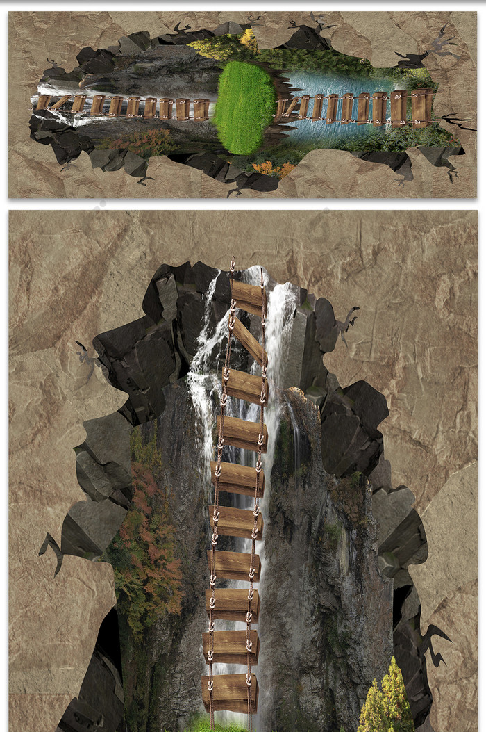 3D惊险地陷峡谷木桥地板画