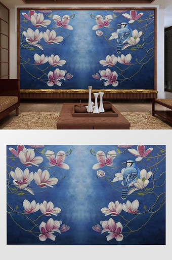 新中式花鸟玉兰花蓝色背景墙图片