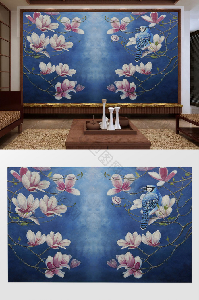 新中式花鸟玉兰花蓝色背景墙