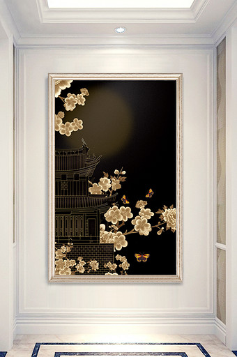 中式线条房子银杏树花鸟玄关装饰画图片