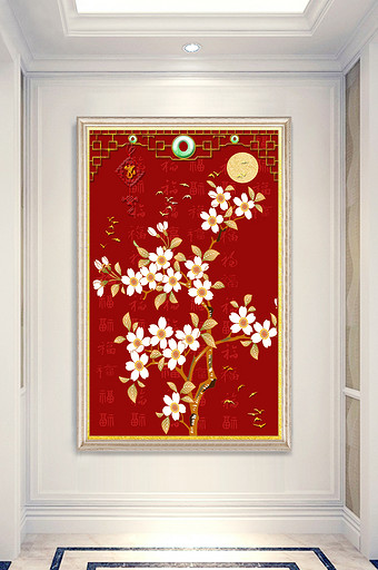中国红工笔花鸟图玄关背景图片