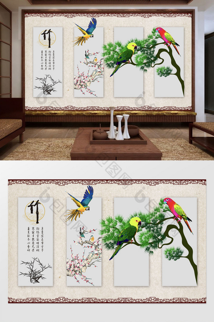 中式梅花竹子鹦鹉喜鹊背景墙