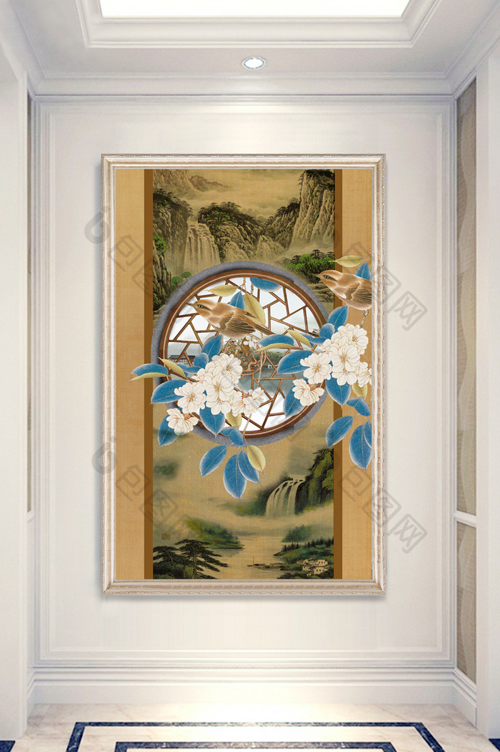 中式山水画创意花鸟花卉玄关装饰画