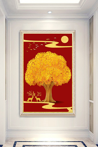 中国红黄金树抽象新年挂画背景图片