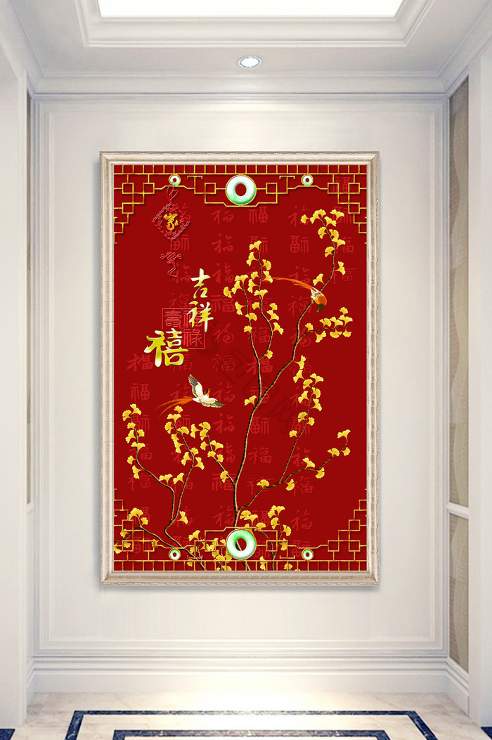 中国红工笔花鸟图国画玄关背景墙图片