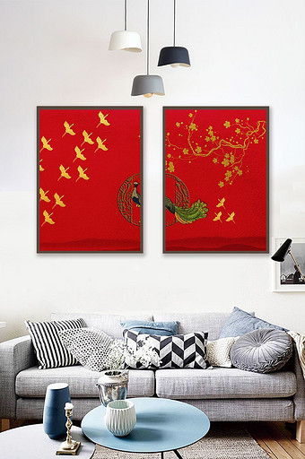三联无框中国红风景意境装饰画图片