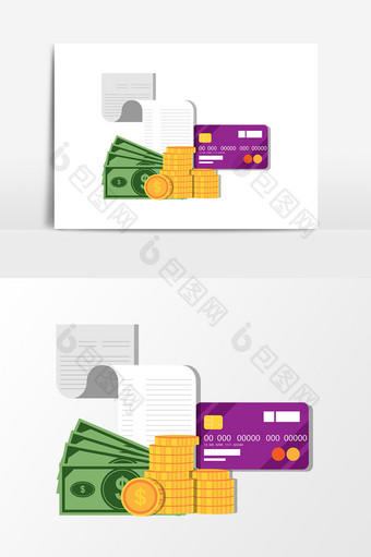 卡通银行卡美元硬币账单设计元素图片