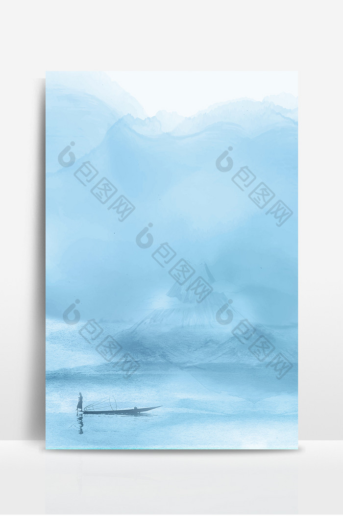 山水朦胧中国风湖面渔船水墨风展板通用背景
