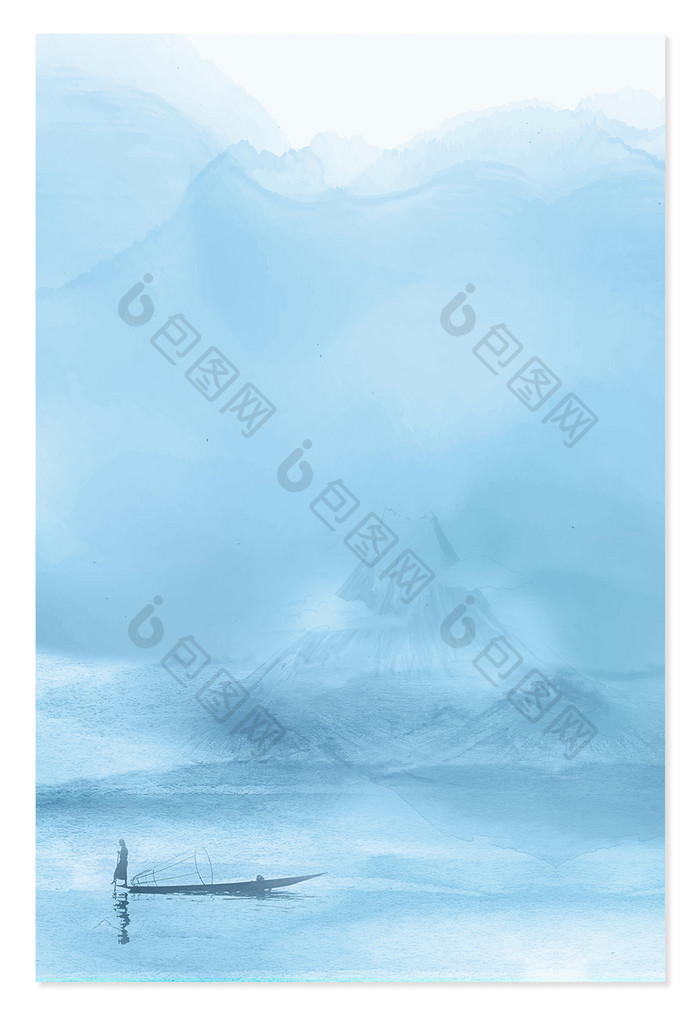 山水朦胧中国风湖面渔船水墨风展板通用背景