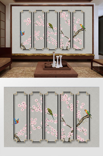 新中式手绘工笔桃花花鸟植物立体方框背景墙图片