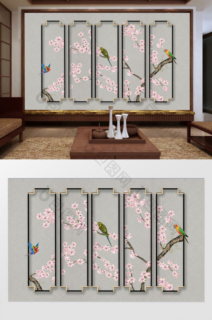 新中式手绘工笔桃花花鸟植物立体方框背景墙