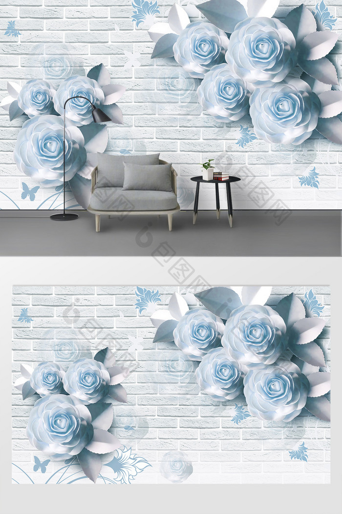 现代简约蓝色花卉背景墙装饰
