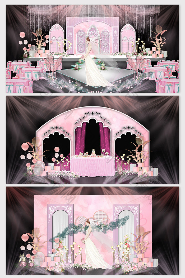 粉色简欧鲜花拱门KT板造型婚礼效果图