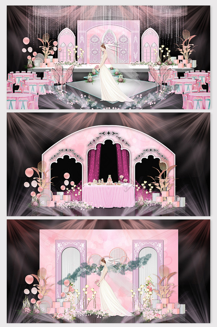 粉色简欧鲜花拱门KT板造型婚礼效果图图片