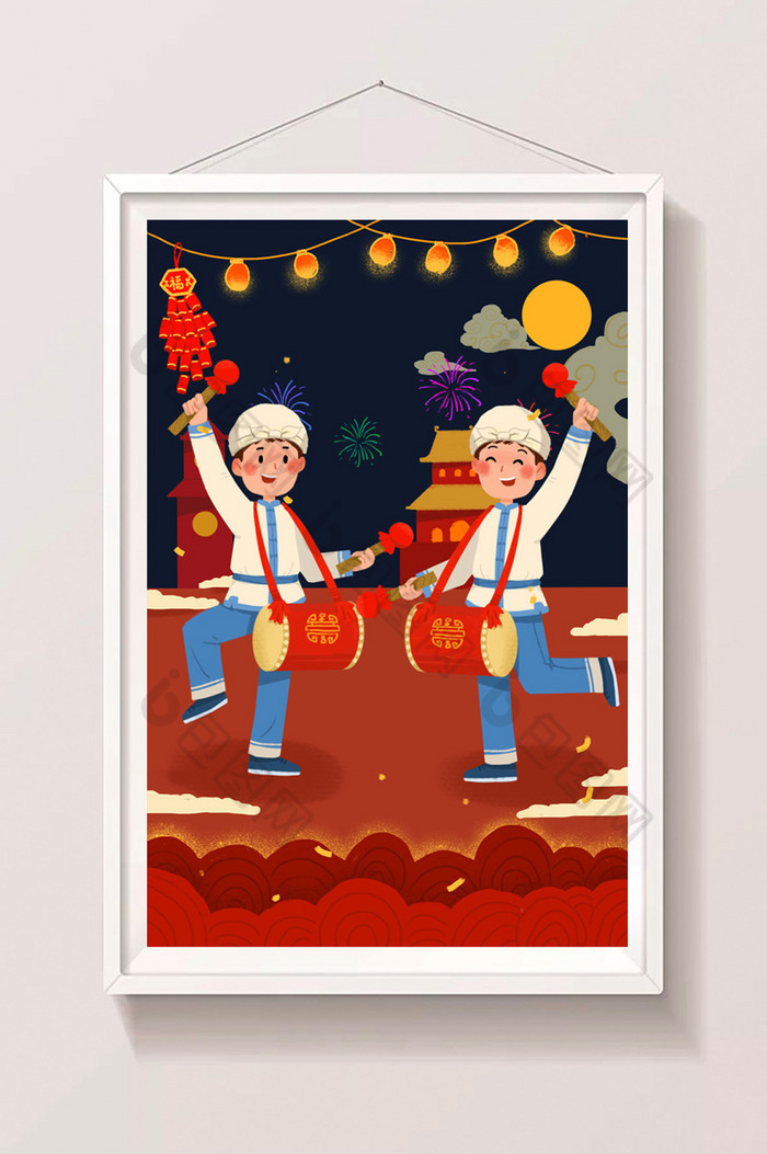 中国风春节元宵节民间习俗打太平鼓插画图片