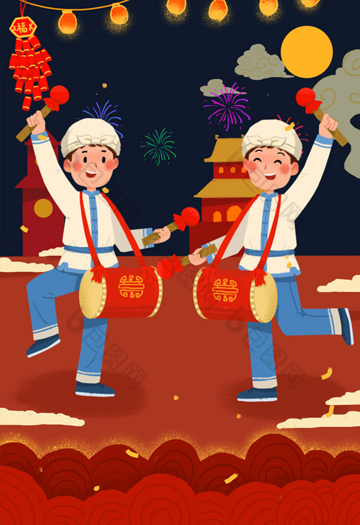 中国风春节元宵节民间习俗打太平鼓插画图片
