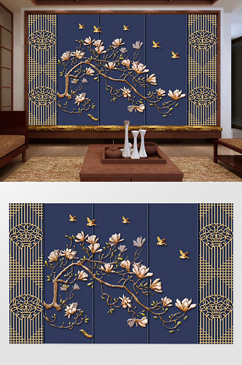 新中式时尚简约花鸟栅栏富贵人家屏风背景墙图片