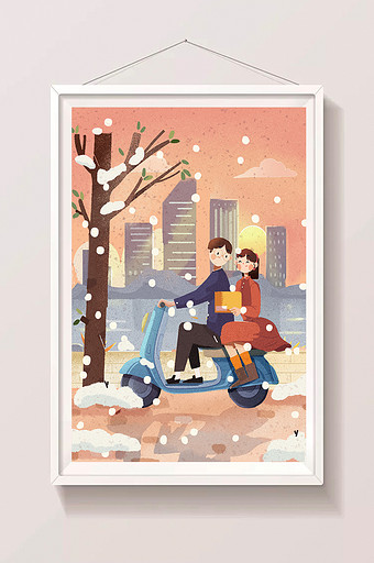 大寒雪景城市风景情侣骑车恋爱卡通扁平插画图片