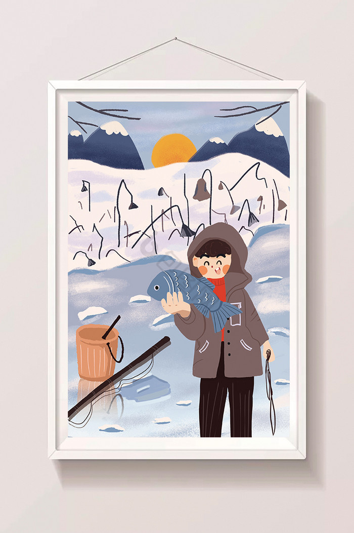 大寒雪景户外男孩钓鱼插画图片