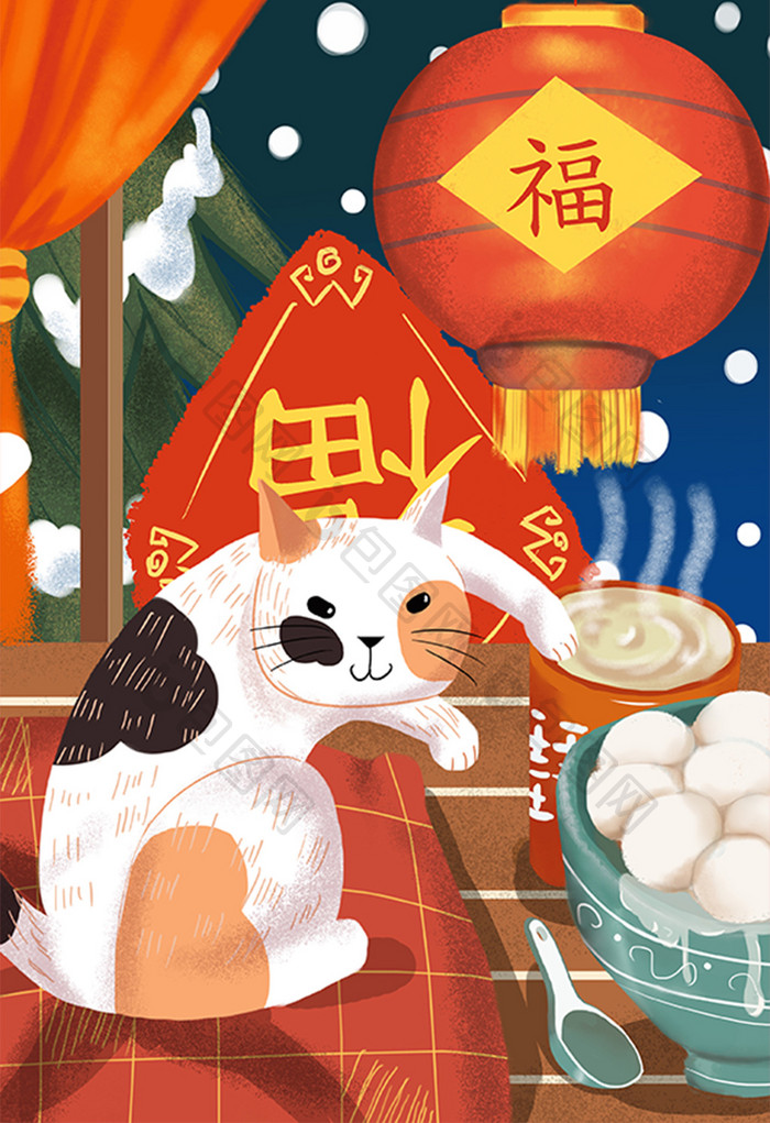 小年喜庆红色招财猫红灯笼扁平唯美插画