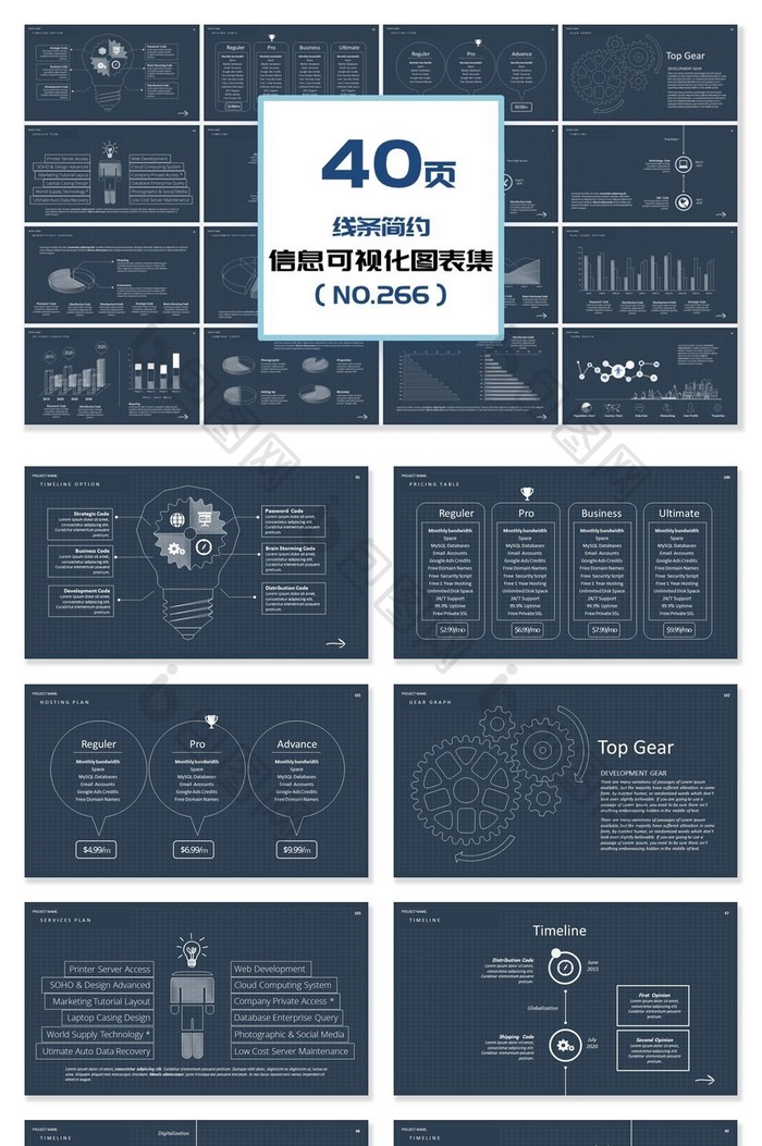 40页低调简约线条信息可视化PPT图表