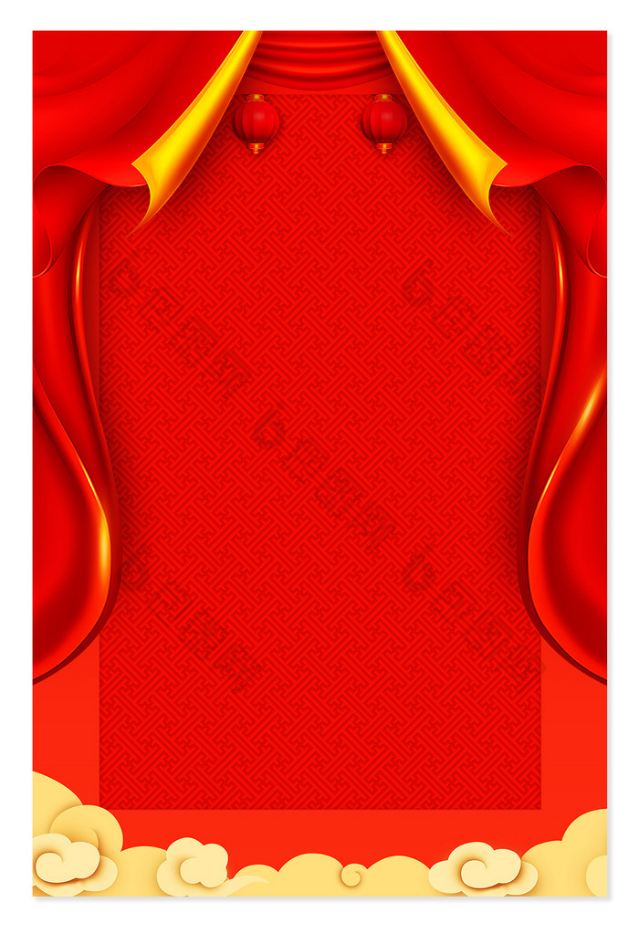 中国红帷幔灯笼祥云新年海报背景图
