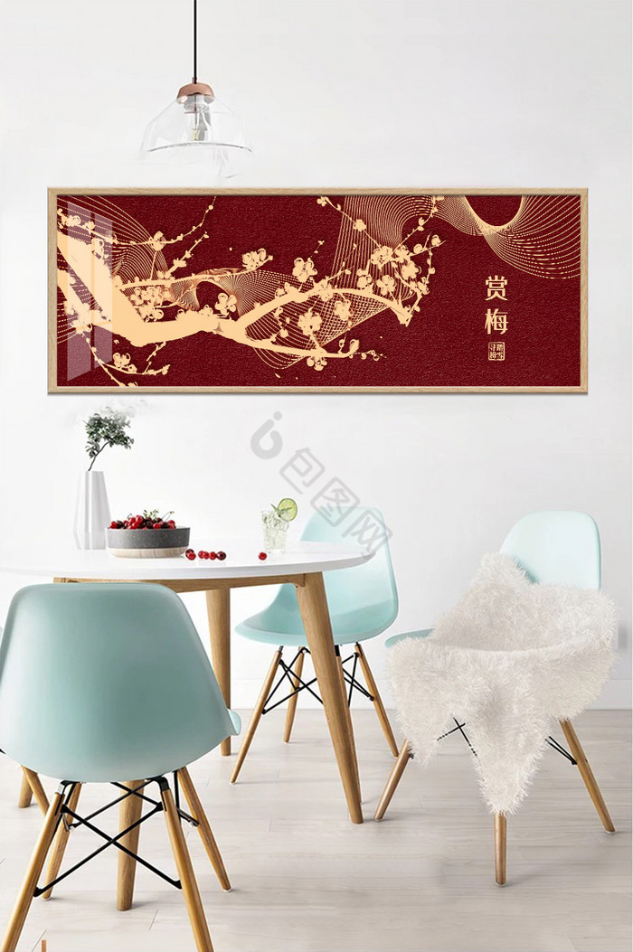 横幅中国红梅花金色简约装饰画图片
