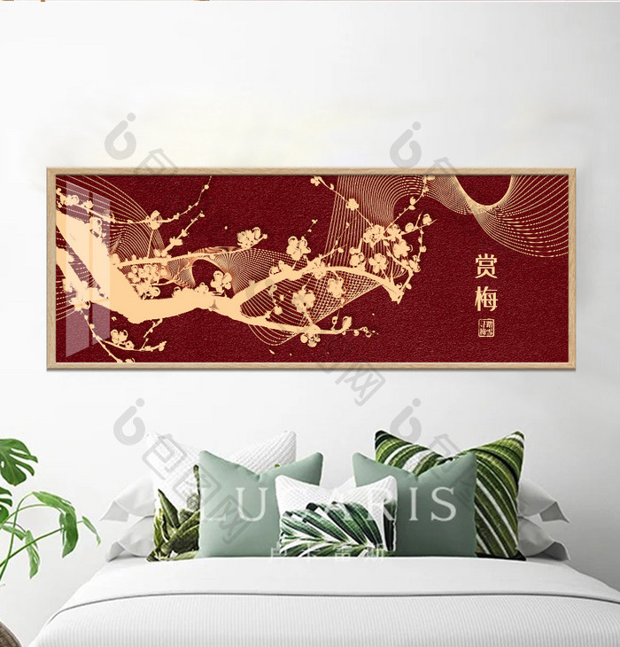 横幅中国红梅花金色简约装饰画