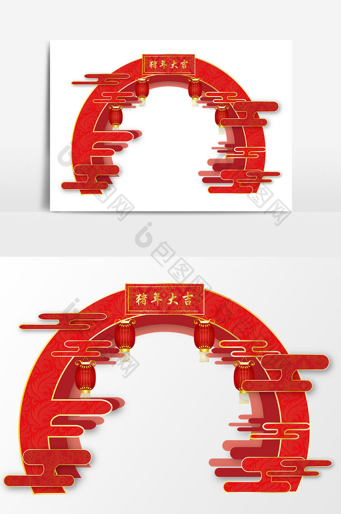 新年中国风红色祥云拱门ai矢量装饰