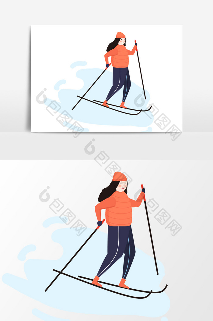 手绘卡通滑雪的小女孩元素