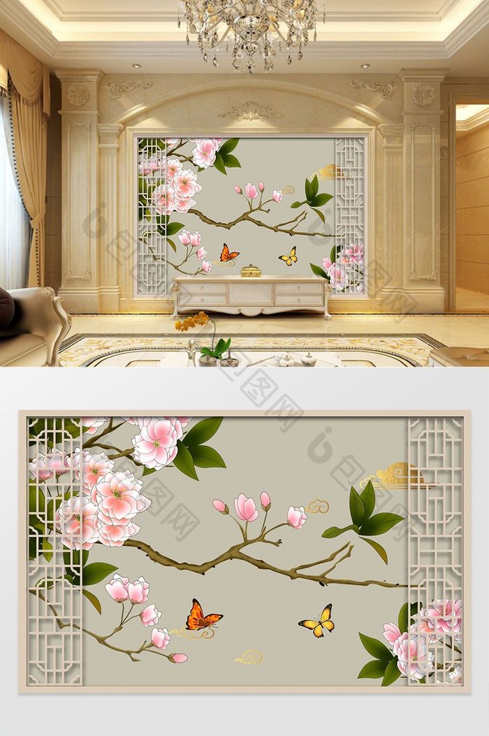 中式富贵牡丹客厅装饰背景墙