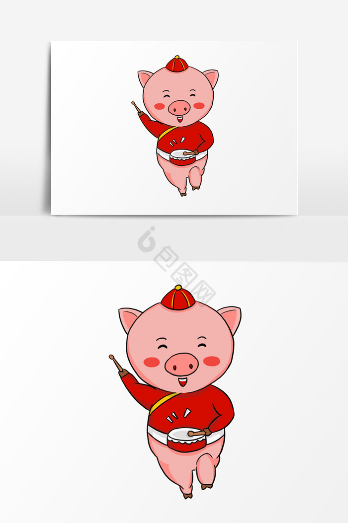 小猪新年敲鼓插画图片