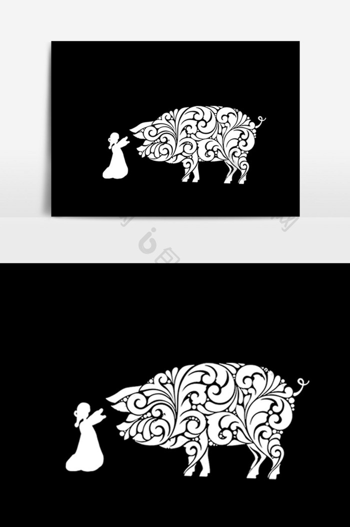 卡通小猪剪纸元素设计