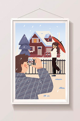 大寒雪景少女情侣拍照风景雪花卡通扁平插画图片
