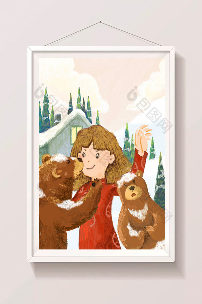 冬天下雪冬日雪景户外小熊插画