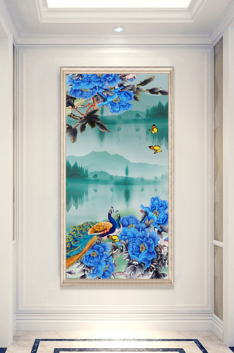 中式山水画紫色牡丹花孔雀玄关装饰画图片