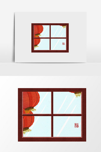 手绘春节窗外挂着的灯笼插画元素图片