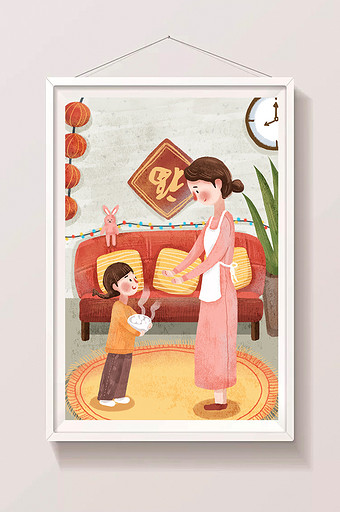 红色喜庆传统节日元宵节室内母女插画海报图片