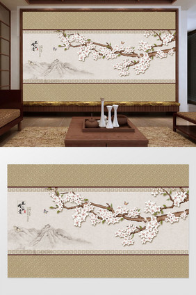 新中式手绘花鸟卧室背景墙