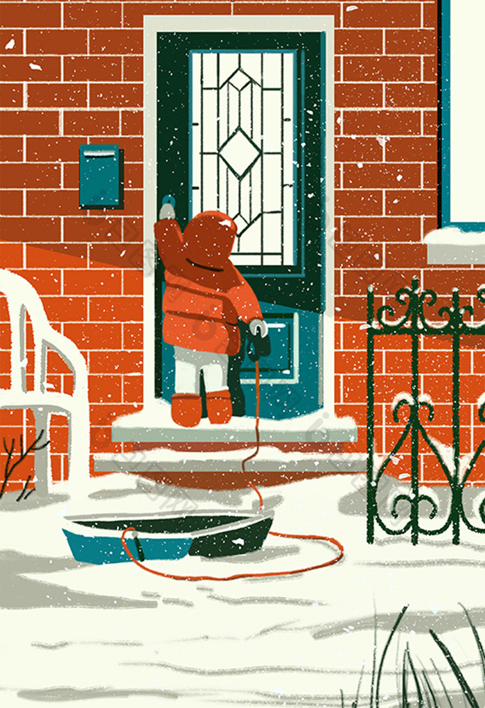 下雪天玩耍回家儿童小孩敲门插画